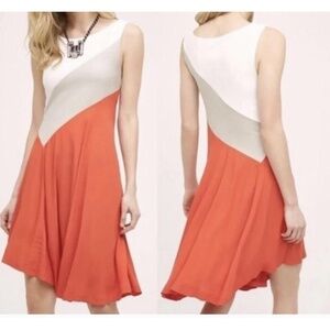 Anthropologie Maeve‎ Dress Medium Asymmetrical Swing Tan Coral Cream Colorblock